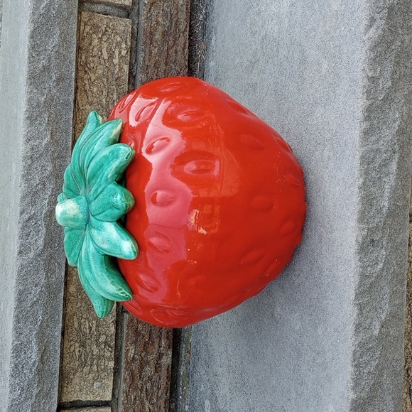 Ceramic Strawberry Cookie Jar or Canister, Red & Green, Colorful Decor - Picture 3 of 5